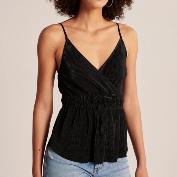 NWT Abercrombie & Fitch Black Satin Pleated Tie Front Cami | Size S - Picture 1 of 15